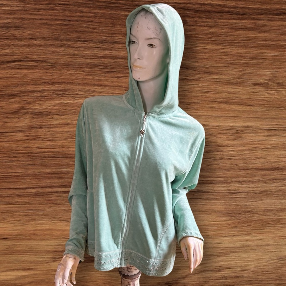 Susan Bristol Mint Green Velour Bead Floral Relaxed Hoodie L